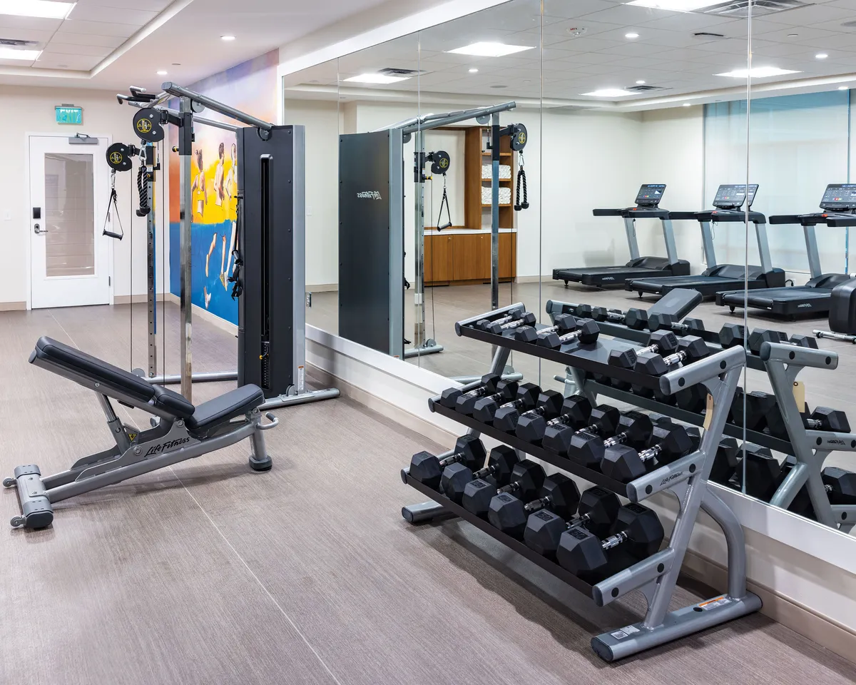 A modern, fully equipped fitness center with a weight bench, cable machine, treadmills, dumbbell rack, and a mirrored wall. Natural light fills the space, creating a motivating and energetic atmosphere for workouts.